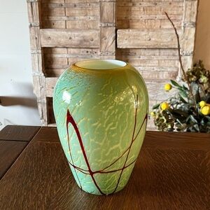 Hand Blown Studio Art Cased Glass 9" VASE Applied Overlay Green w/ Red Drizzle